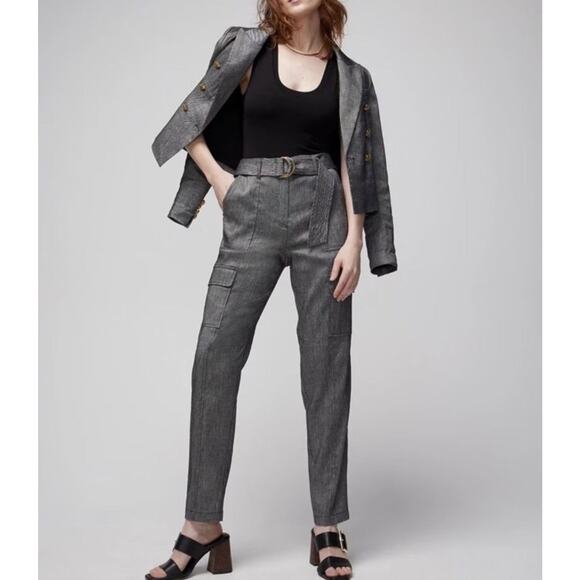 White House Black Market Utility Pants Belted Linen Blend 12R Midnight Twill - Picture 1 of 12